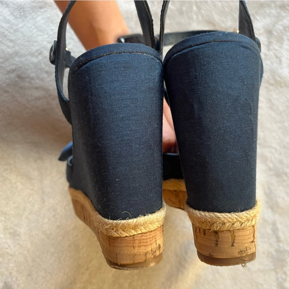 Tory Burch Blue Canvas and Leather Espadrille Wedge Ankle Strap Sandals